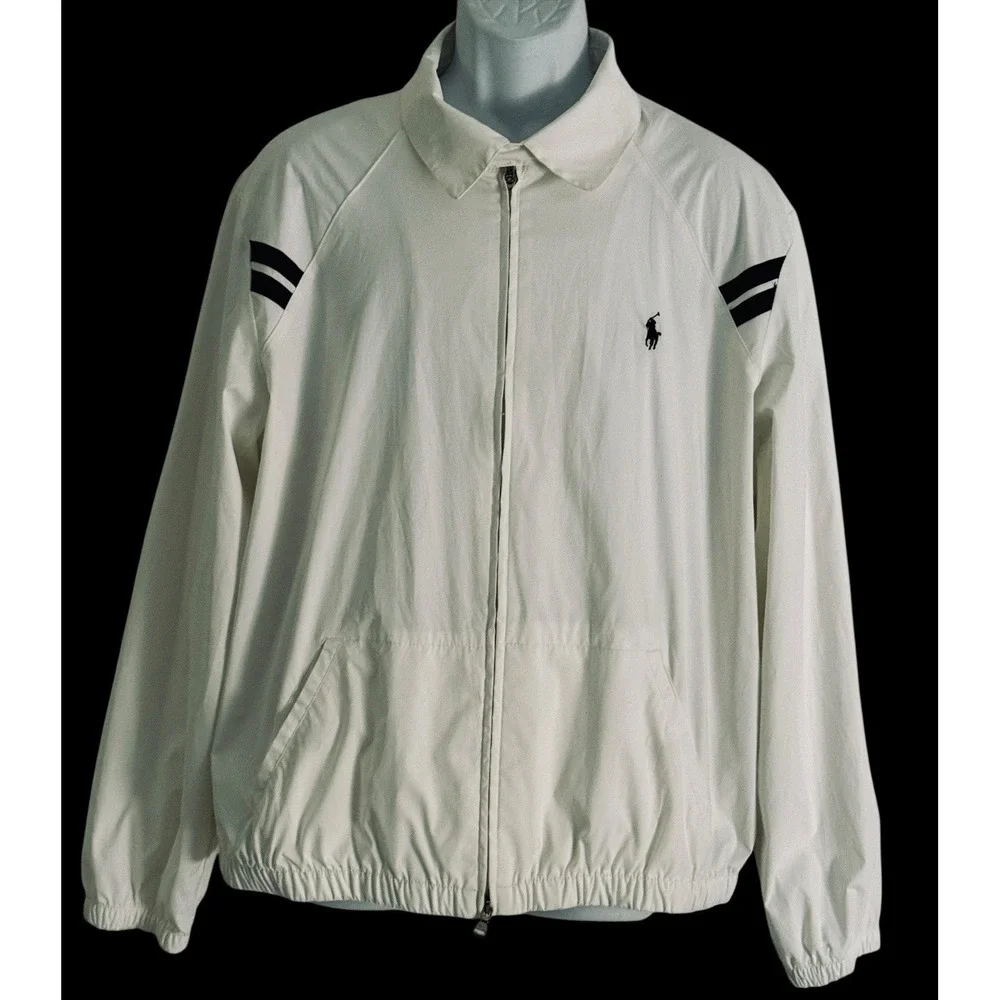 VTG 90s Polo Ralph Lauren Men Jacket XL White Black Stripe Harrington Lined Mesh